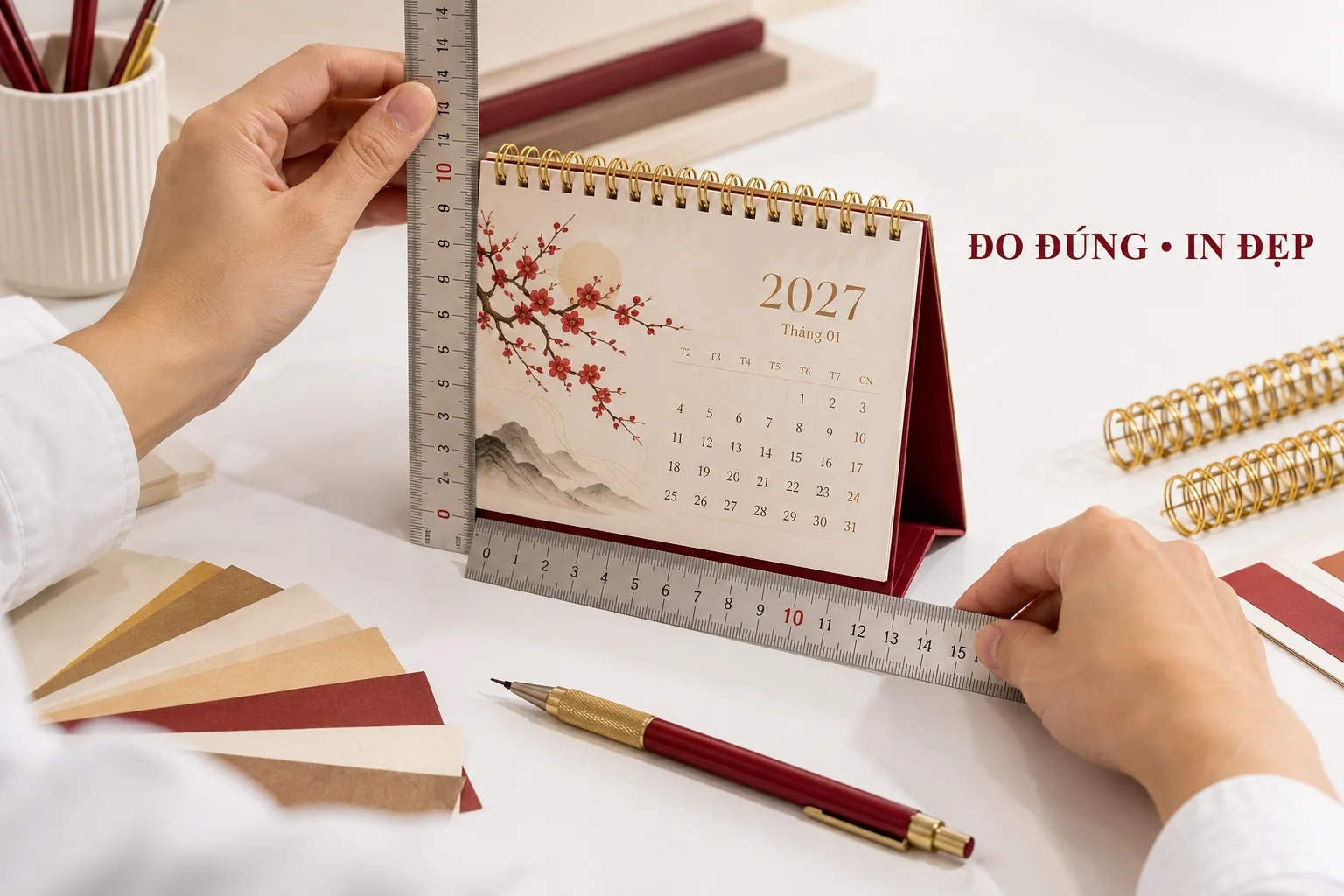 Đo kích thước lịch để bàn trước khi in