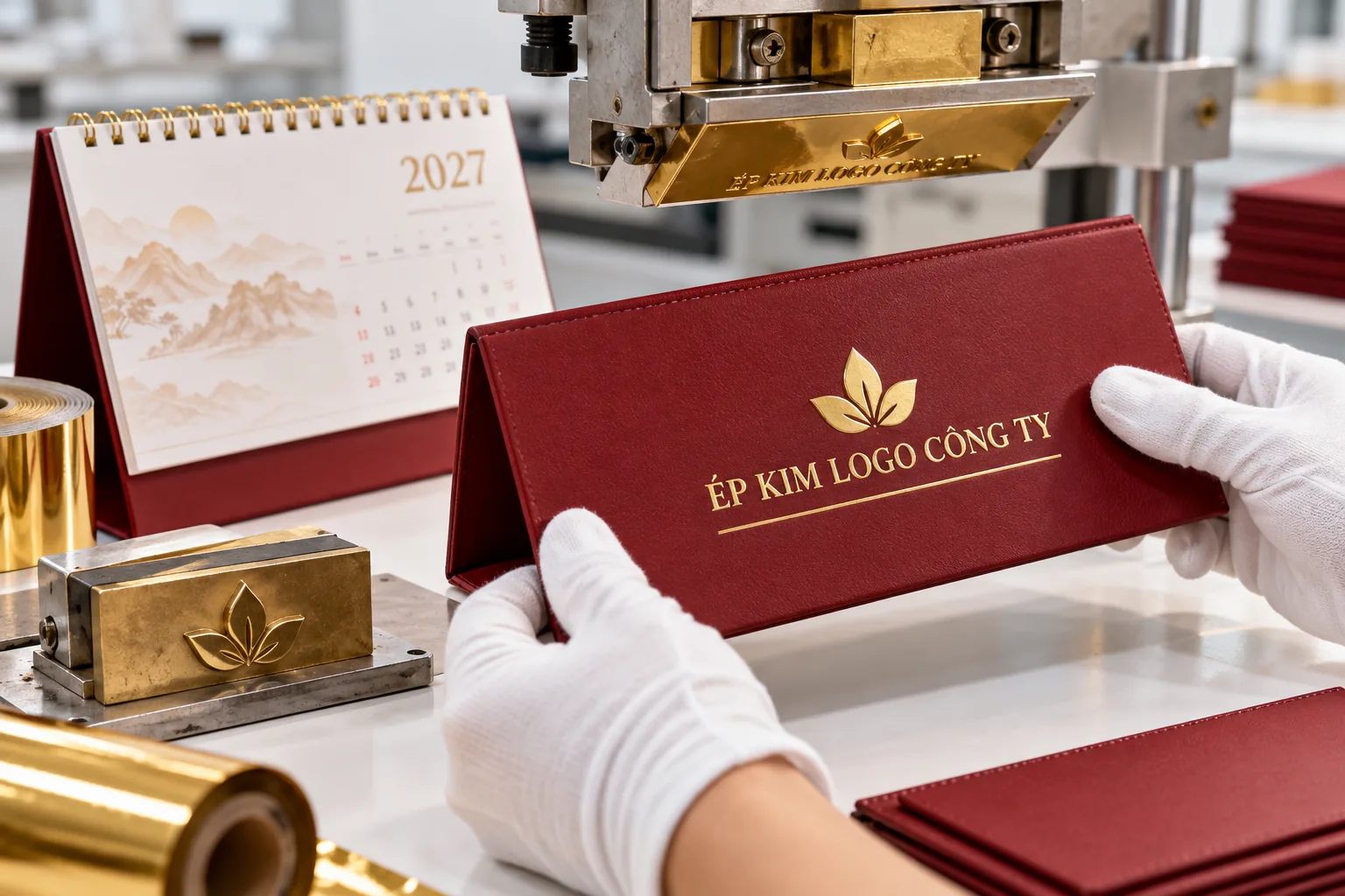 Công đoạn ép kim logo trên lịch để bàn