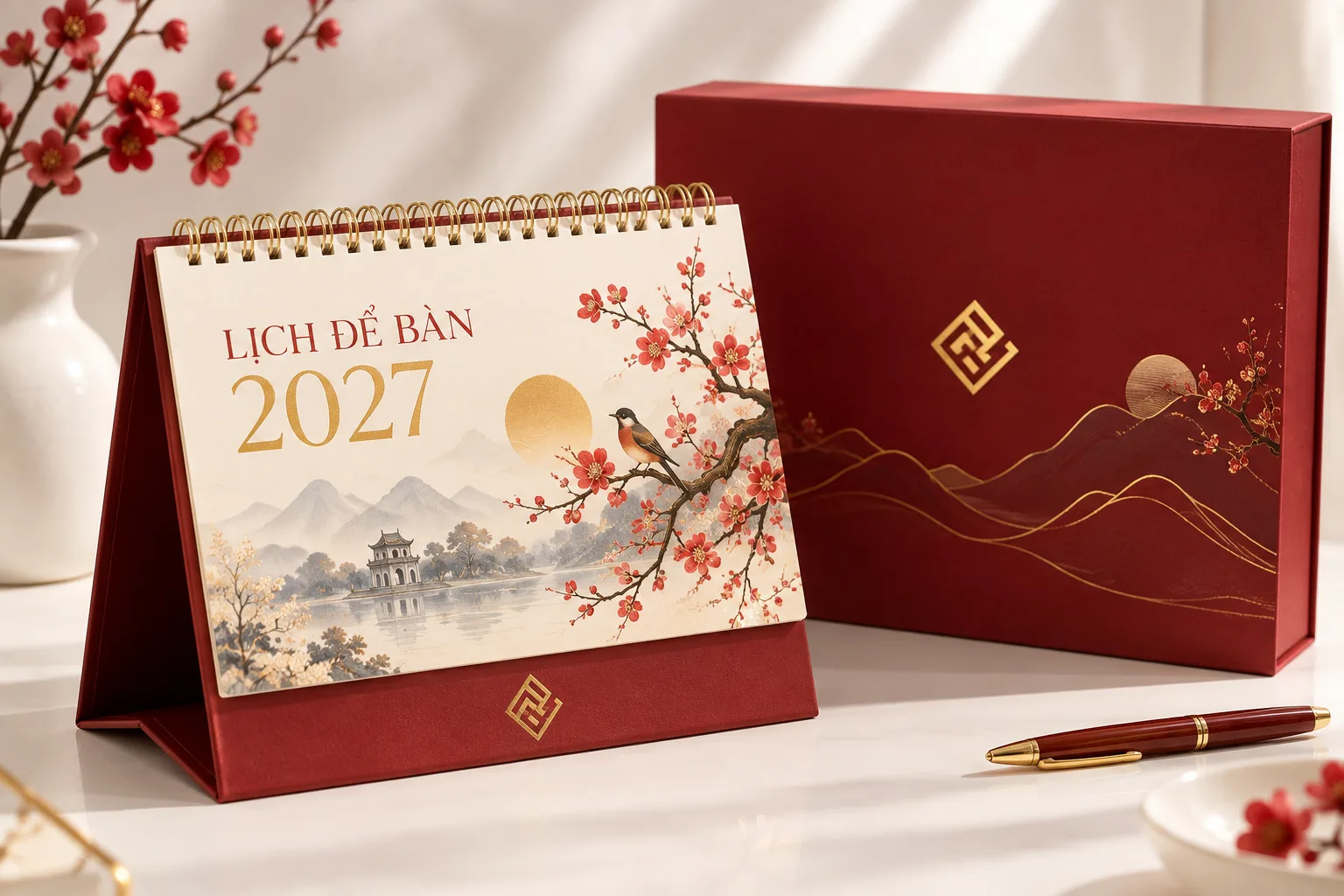 Lịch để bàn 2027 ép kim logo doanh nghiệp
