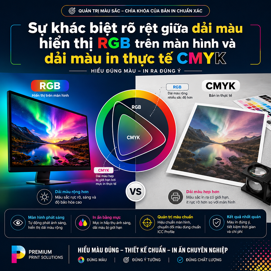 Sự khác biệt rõ rệt giữa dải màu hiển thị RGB trên màn hình và dải màu in thực tế CMYK
