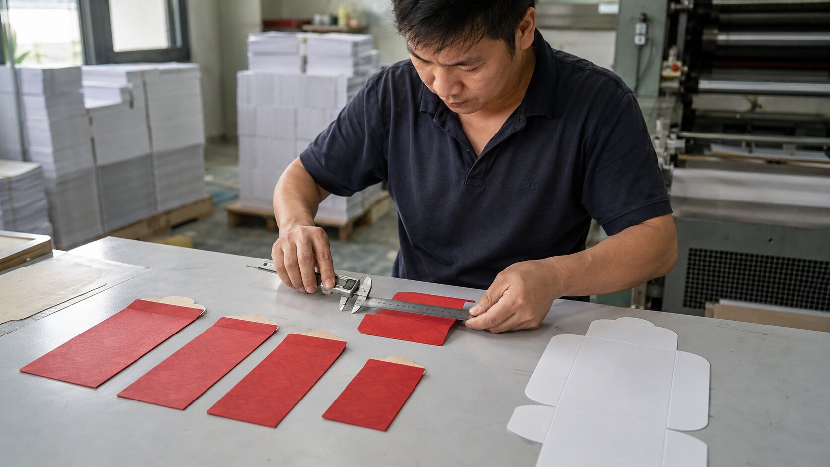 Kỹ thuật viên đo kích thước bao lì xì chuẩn 2027 tại xưởng in