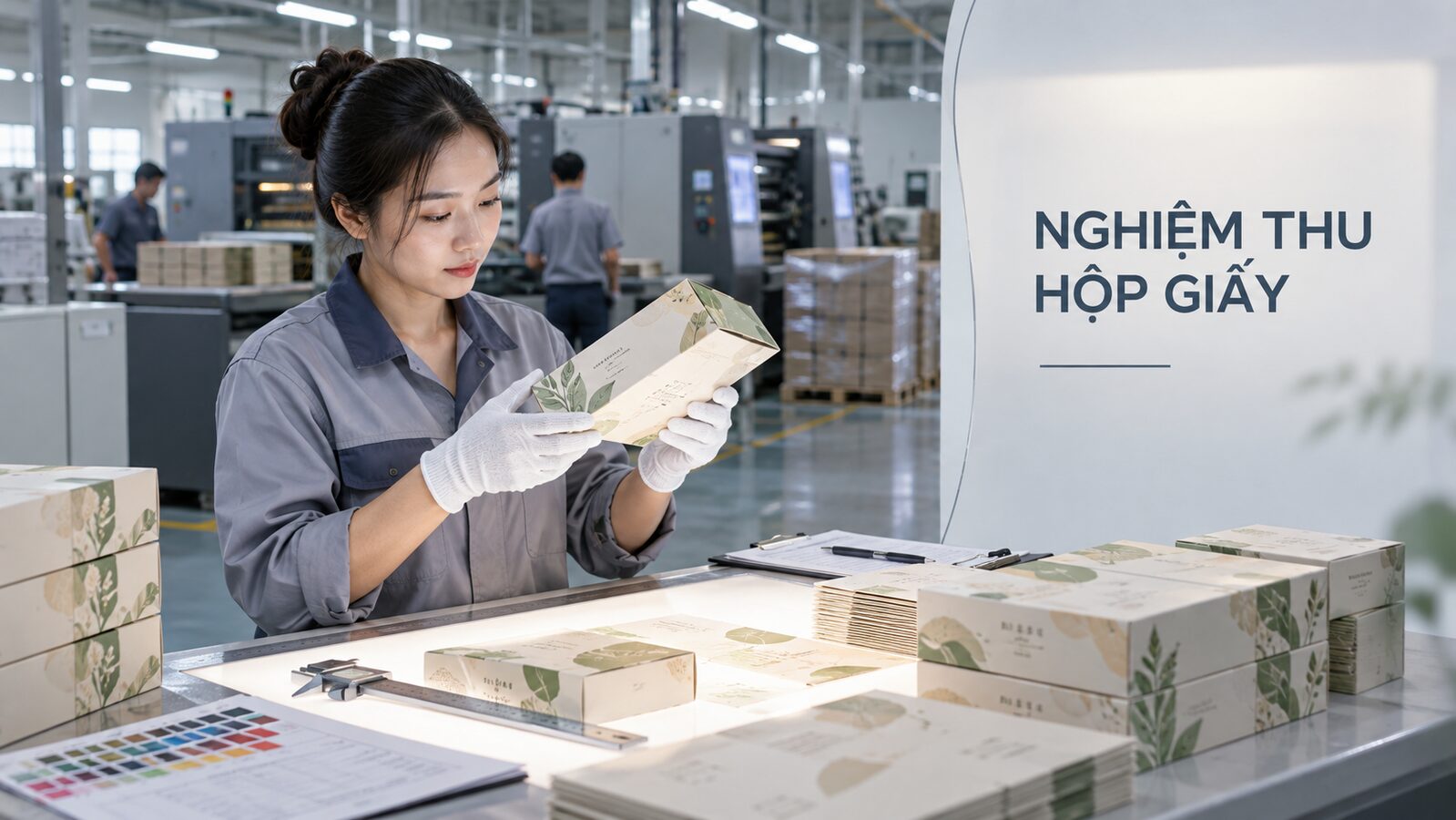 Nhân viên QC nghiệm thu bao bì giấy tại xưởng in