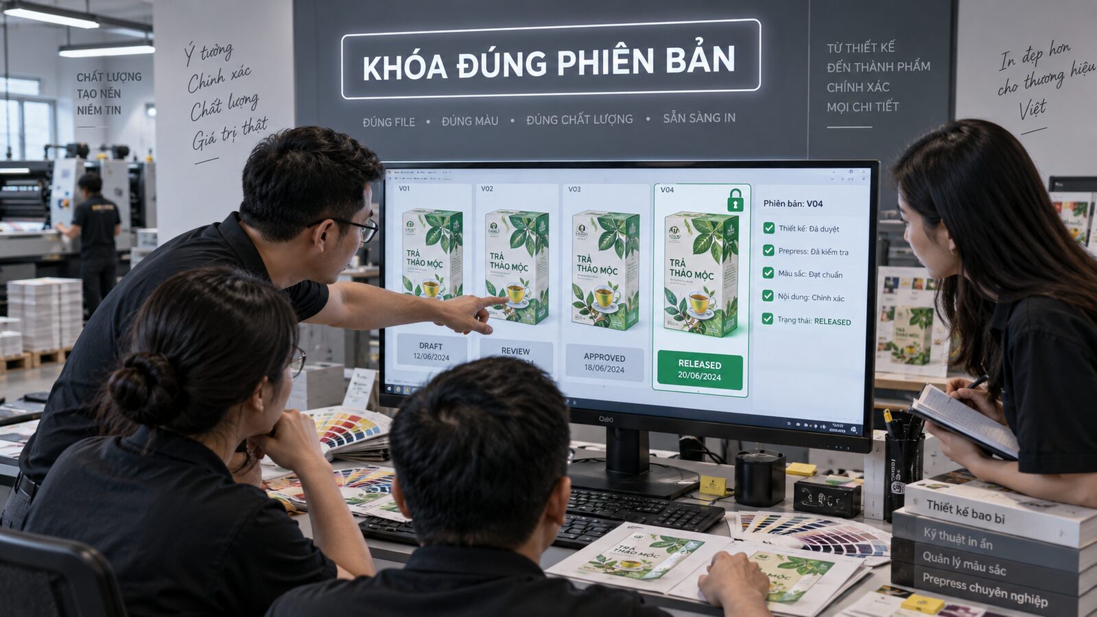 Nhóm thiết kế và prepress kiểm soát phiên bản file in
