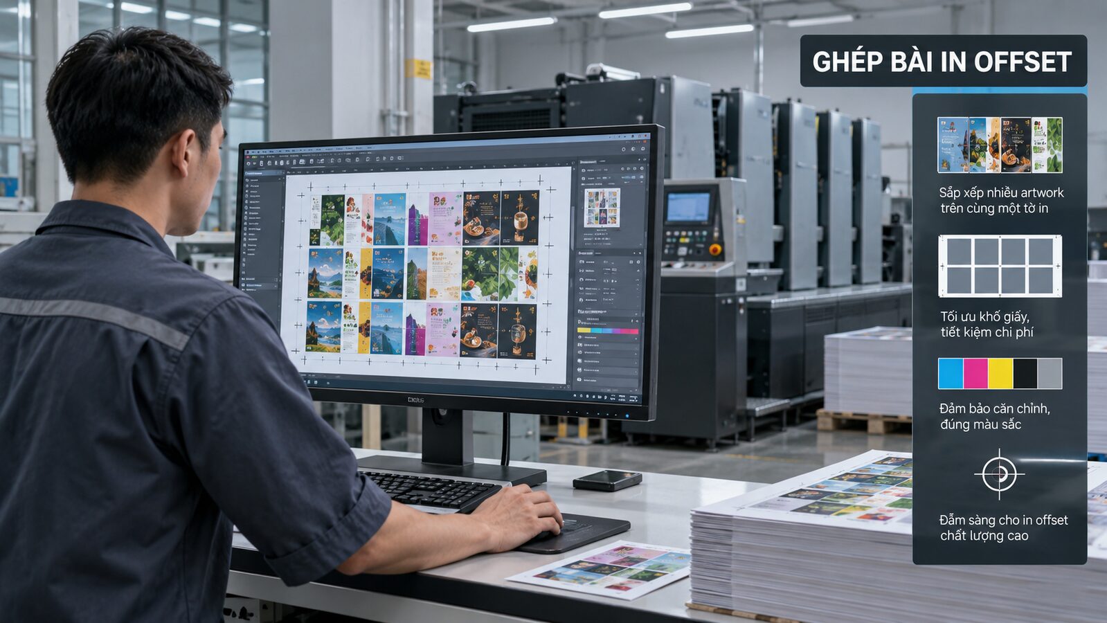 Ghép bài in offset có thật sự rẻ? Lợi ích và rủi ro cần biết 1 Kỹ thuật viên xem sơ đồ ghép bài in offset tại xưởng