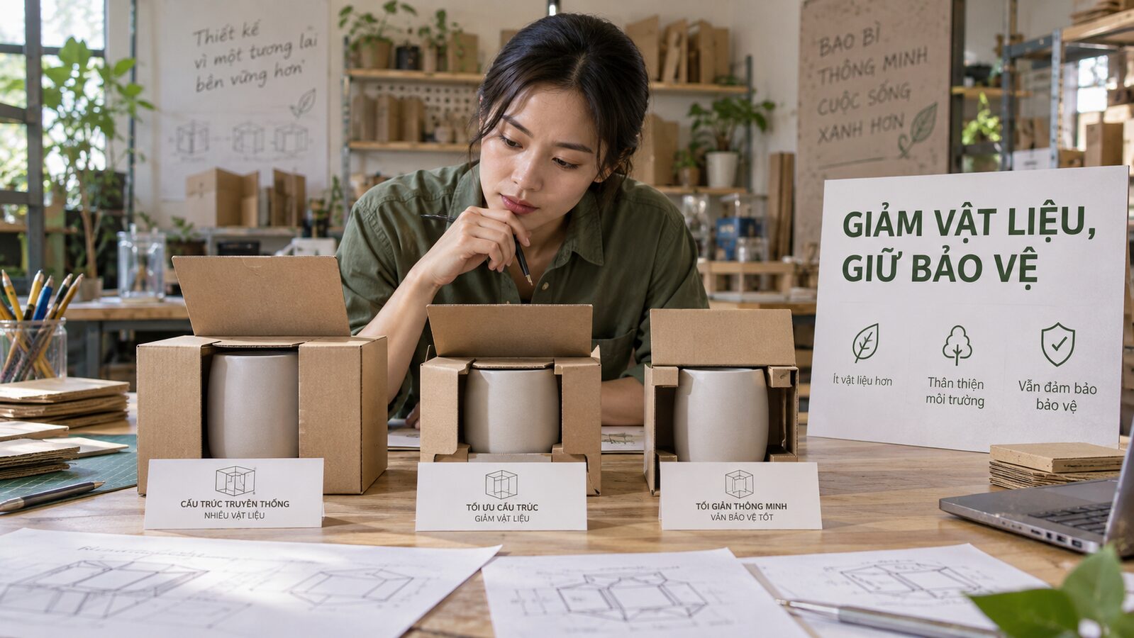 Thiết kế bao bì giảm vật liệu mà vẫn bảo vệ sản phẩm 1 Nhà thiết kế thử cấu trúc hộp giấy giảm vật liệu