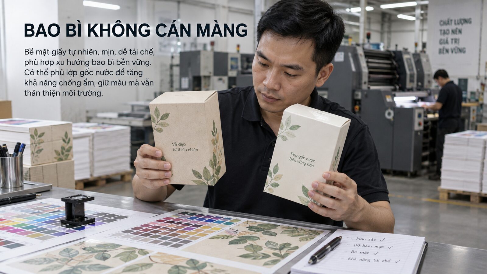 Mẫu hộp giấy không cán màng nhựa tại bàn kiểm màu