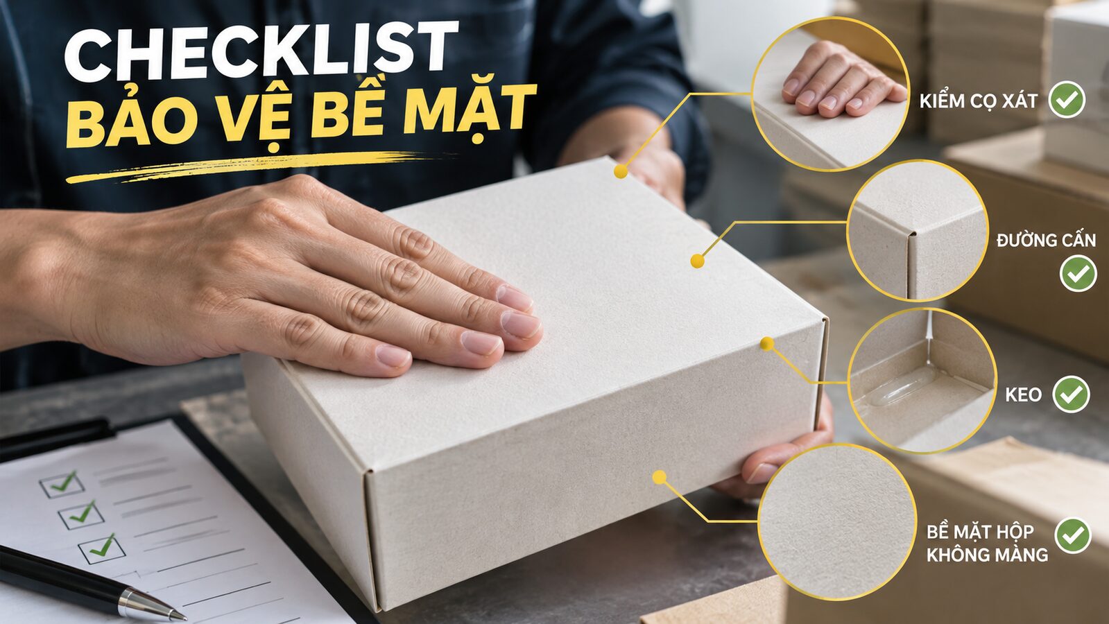 Checklist bảo vệ bề mặt hộp giấy không màng