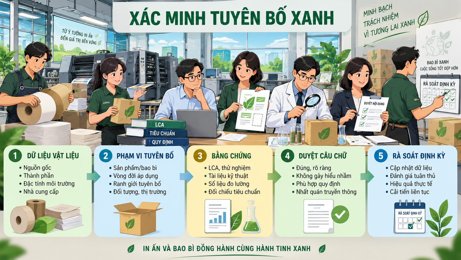 Truyền thông bao bì xanh tránh greenwashing: Nguyên tắc thực tế 3 Minh họa quy trình xác minh tuyên bố bao bì xanh