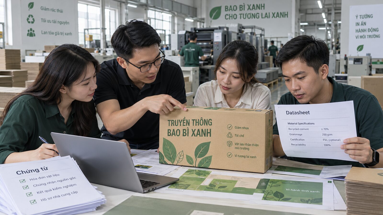 Truyền thông bao bì xanh tránh greenwashing: Nguyên tắc thực tế 1 Nhóm marketing đối chiếu tuyên bố xanh với hồ sơ bao bì