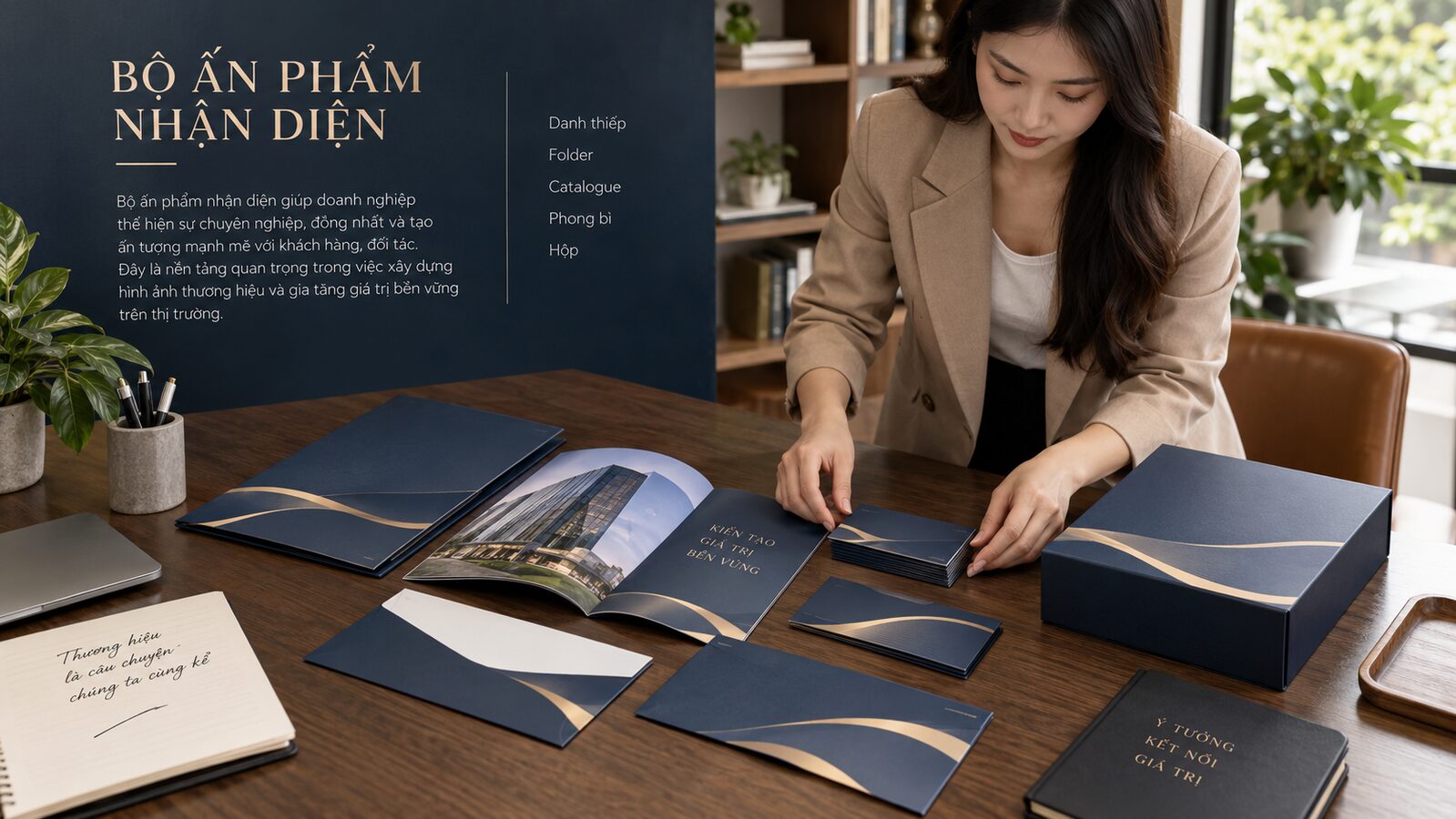 Bộ ấn phẩm nhận diện doanh nghiệp trên bàn làm việc
