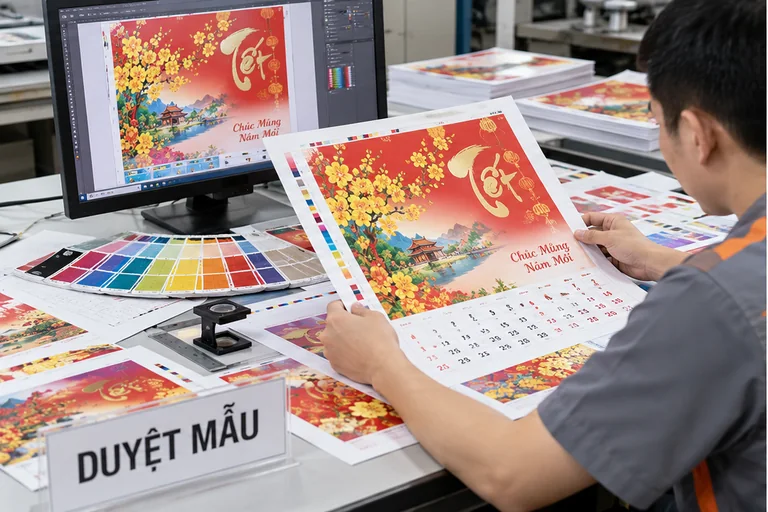 Duyệt mẫu và màu sắc trước khi in lịch Tết