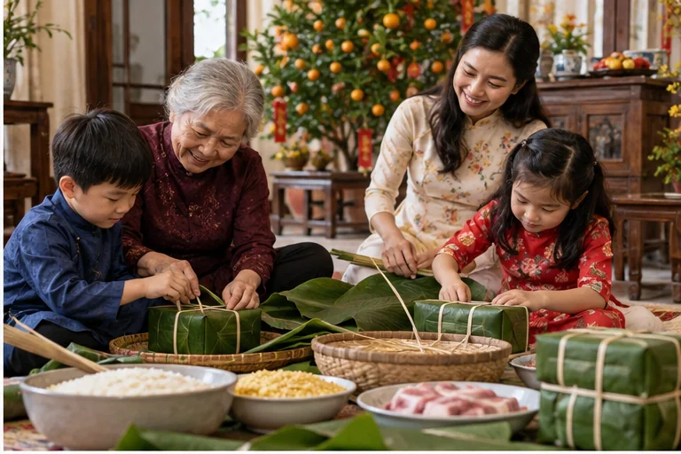 Câu chuyện Tết xưa qua lời kể của ông bà 7 Gia đình gói bánh chưng trong ngày Tết xưa