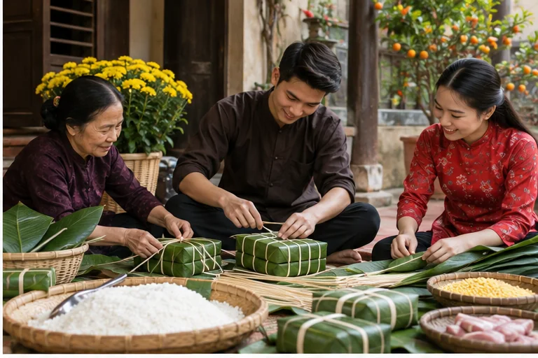Phong tục Tết cổ truyền: Điều ít ai biết 9 Gia đình gói bánh chưng theo phong tục truyền thống
