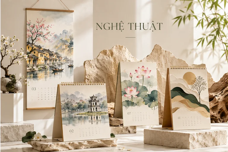 Xu Hướng Thiết Kế Lịch Tết 2027: Lên Ngôi Của Sự Tối Giản Và Nghệ Thuật 2 Lịch Tết nghệ thuật trưng bày trong không gian sang trọng