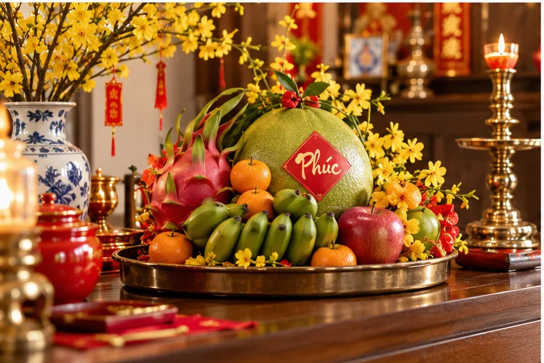 Mâm ngũ quả trang trí ngày Tết trong phòng khách