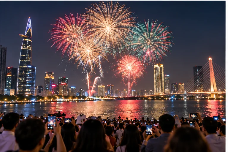 Pháo hoa chào năm mới 2026 tại thành phố
