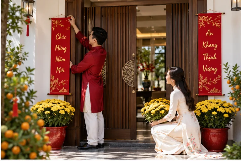Trang trí cửa nhà đón Tết với tông màu sang trọng