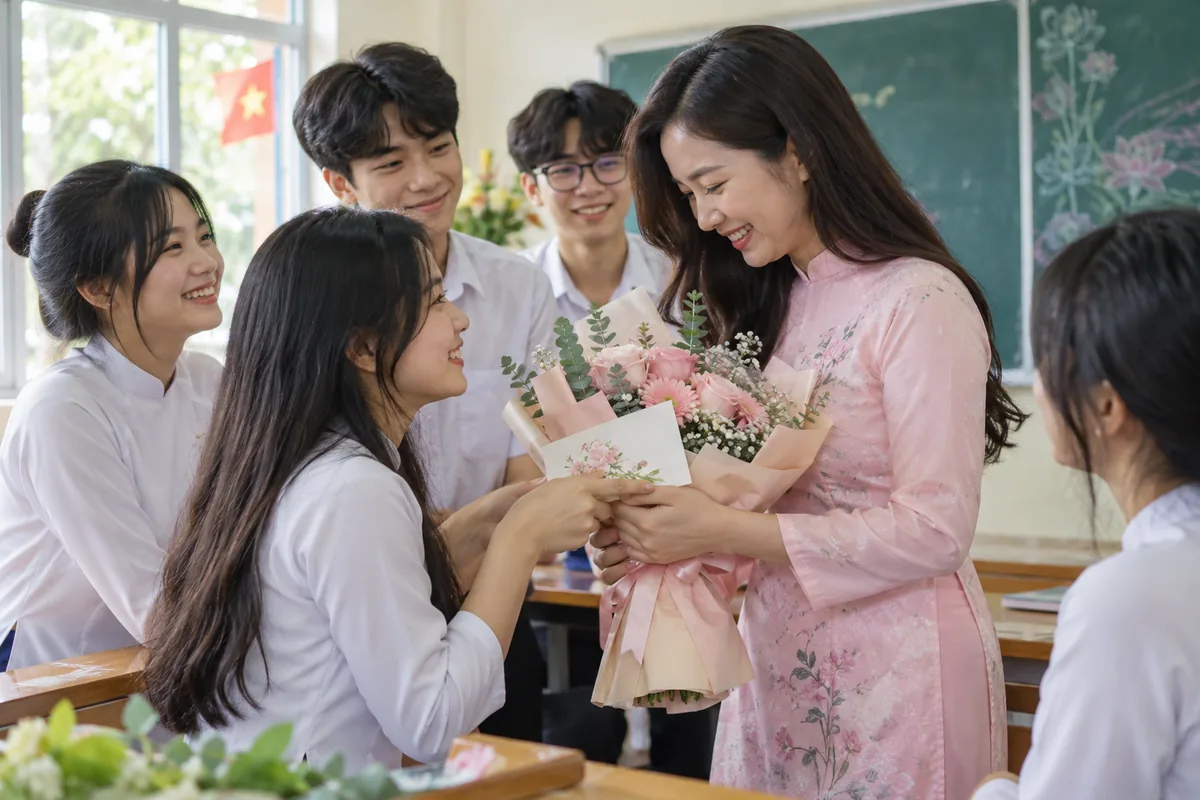 Học sinh tặng hoa tri ân thầy cô ngày 20 tháng 11