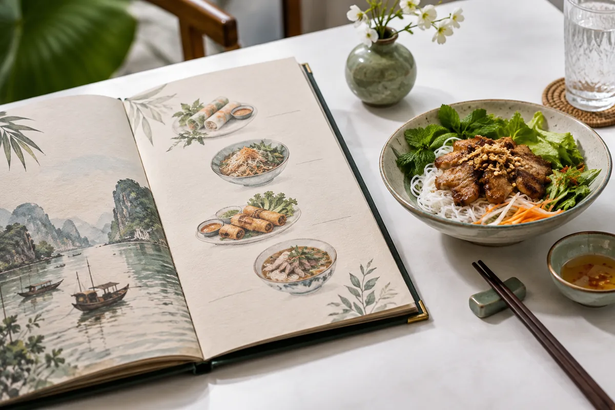 Menu in và món ăn trên bàn nhà hàng