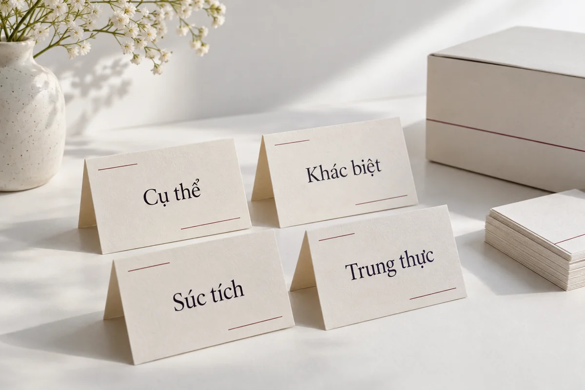 Bốn thiệp giấy ghi Cụ thể, Khác biệt, Súc tích và Trung thực trên nền trắng