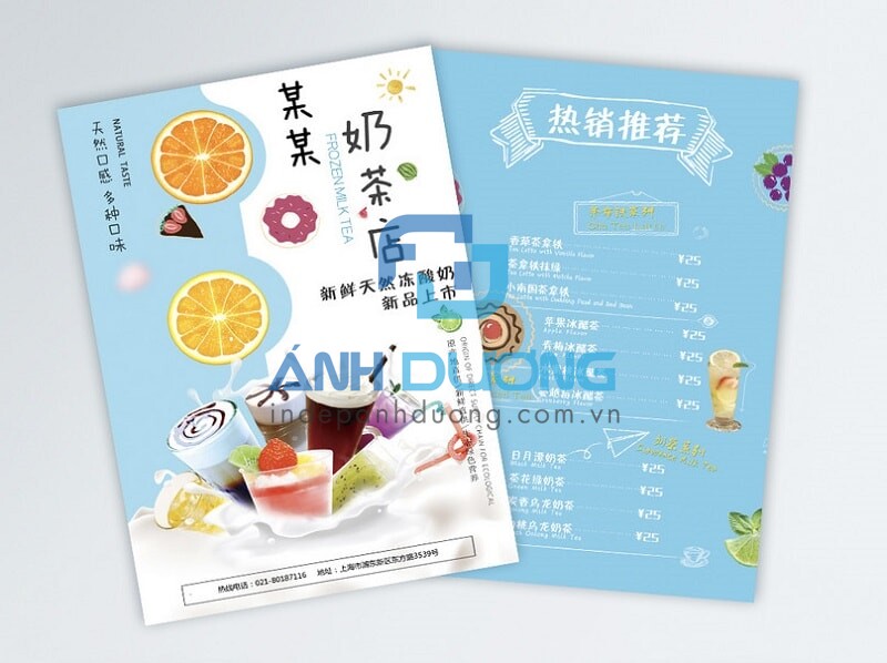 Tờ rơi quán trà sữa Đài Loan có menu với gam màu tươi mát