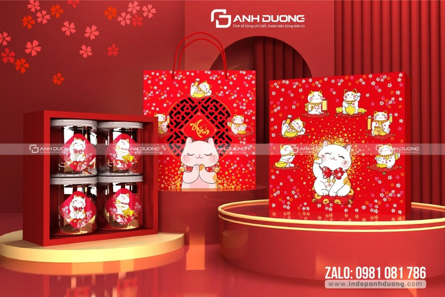 Hộp quà Tết sang trọng: Cách chọn và đặt in theo yêu cầu 3 Mẫu bao bì quà Tết màu đỏ với hộp có quai và họa tiết hoa