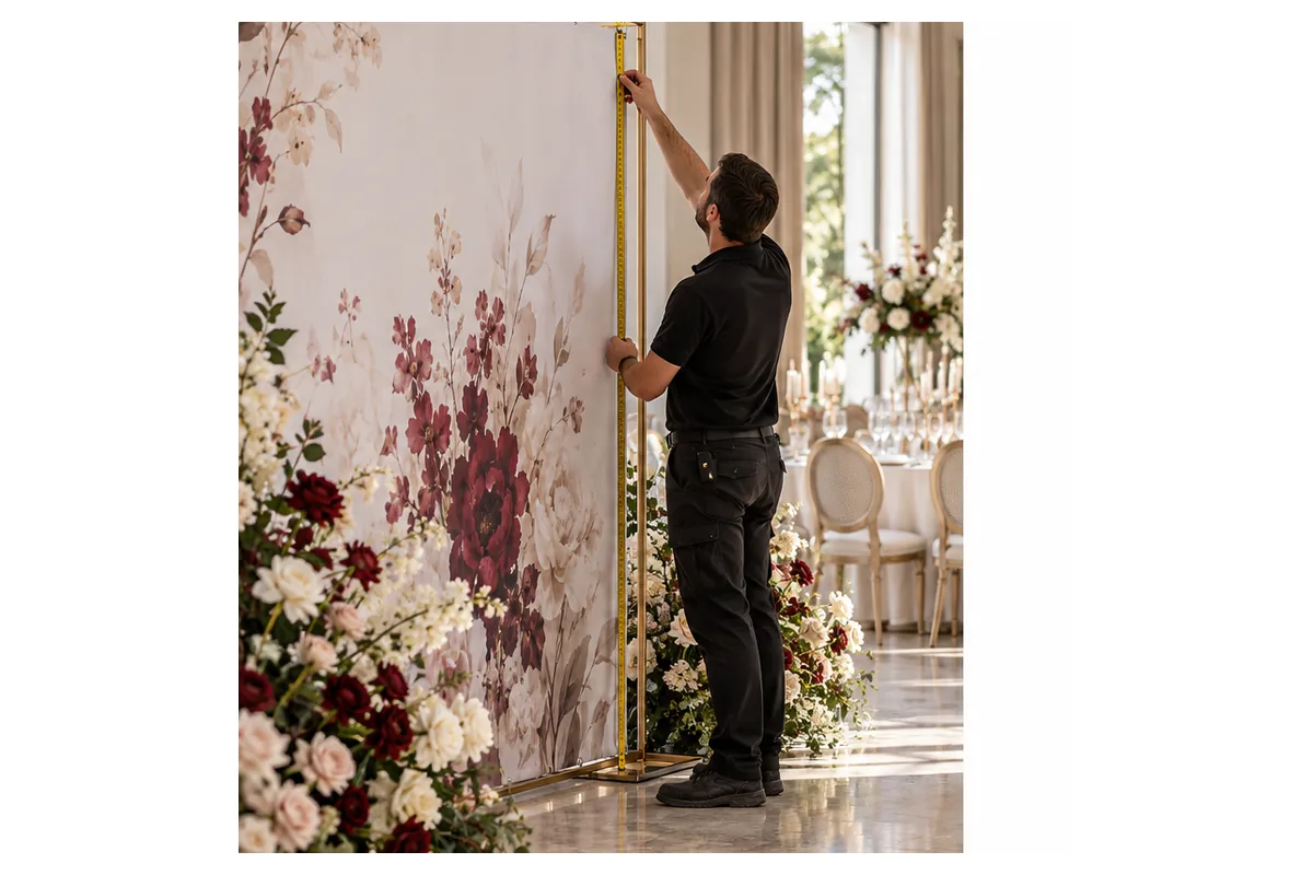 Kích Thước Backdrop Sự Kiện: Cách Đo & Chuẩn Bị File 2 Đo khu vực lắp đặt – ảnh chụp sản phẩm minh họa