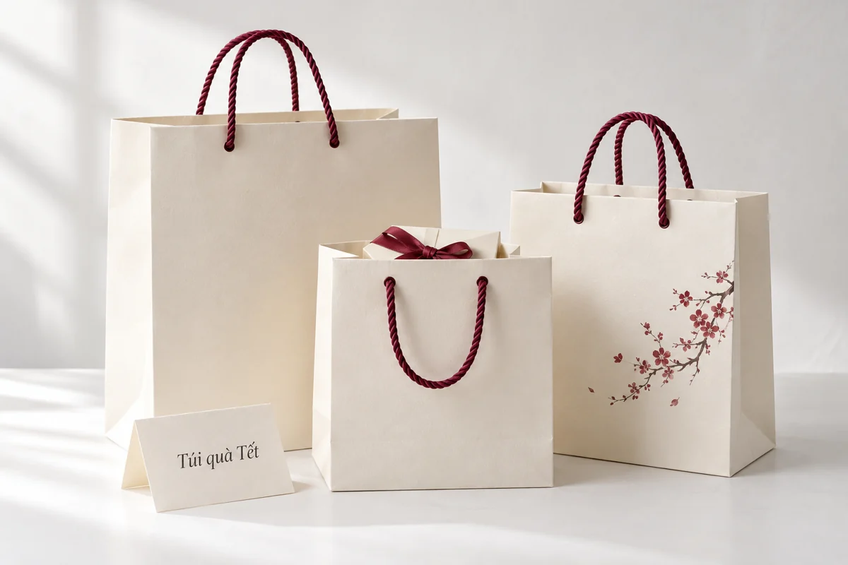 Túi quà Tết trắng kem với quai đỏ trầm
