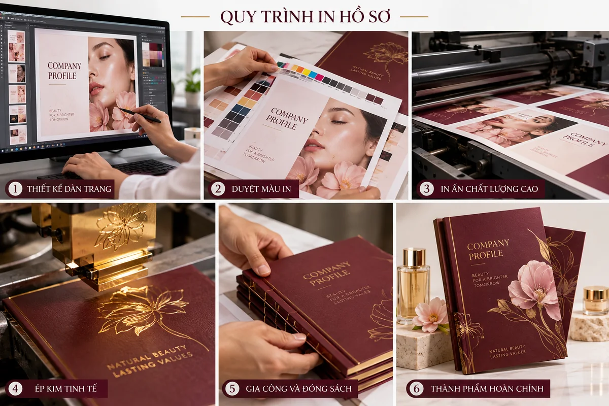 In hồ sơ năng lực công ty mỹ phẩm: 5 Mẫu đẹp, thiết kế sang trọng và chuyên nghiệp 3 Quy trình in hồ sơ năng lực chuyên nghiệp tại In Ấn Ánh Dương – ảnh chụp thực tế