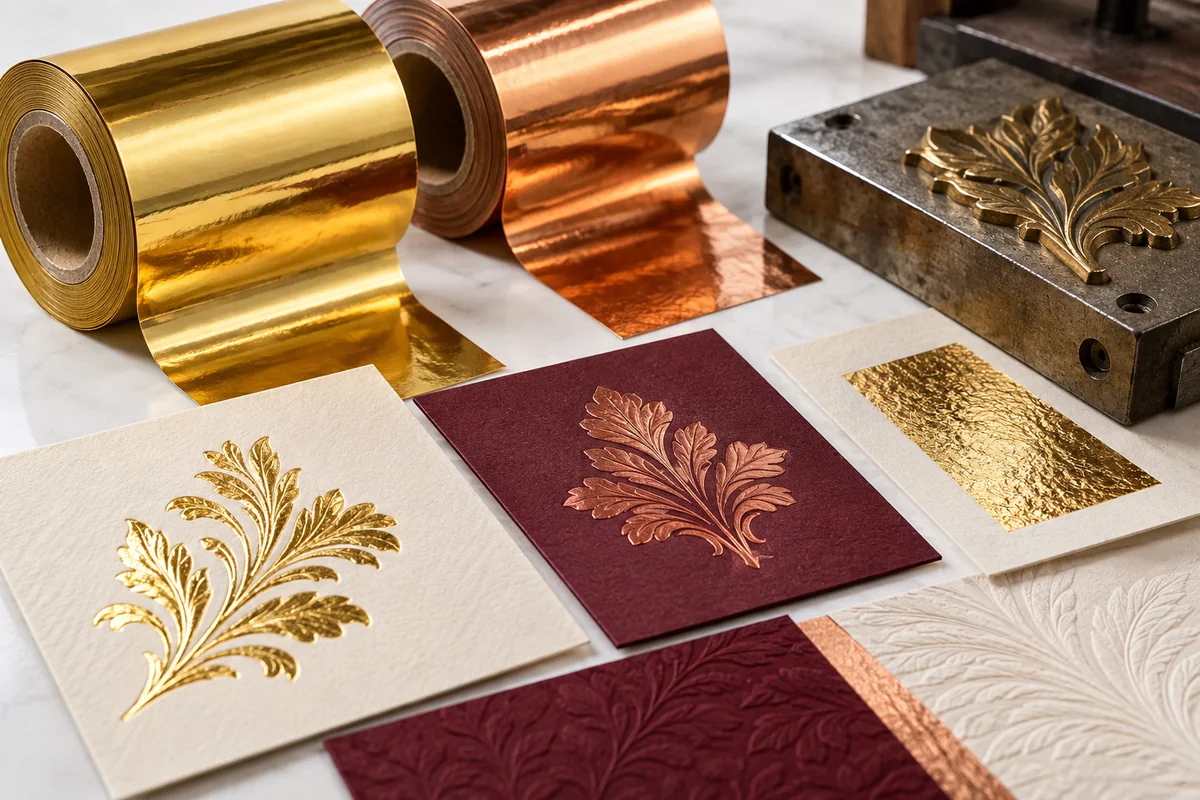 Kỹ Thuật Ép Kim Là Gì? Quy Trình, Vật Liệu & Lỗi Thường Gặp 3 Chọn vật liệu và màu foil – ảnh chụp sản phẩm minh họa