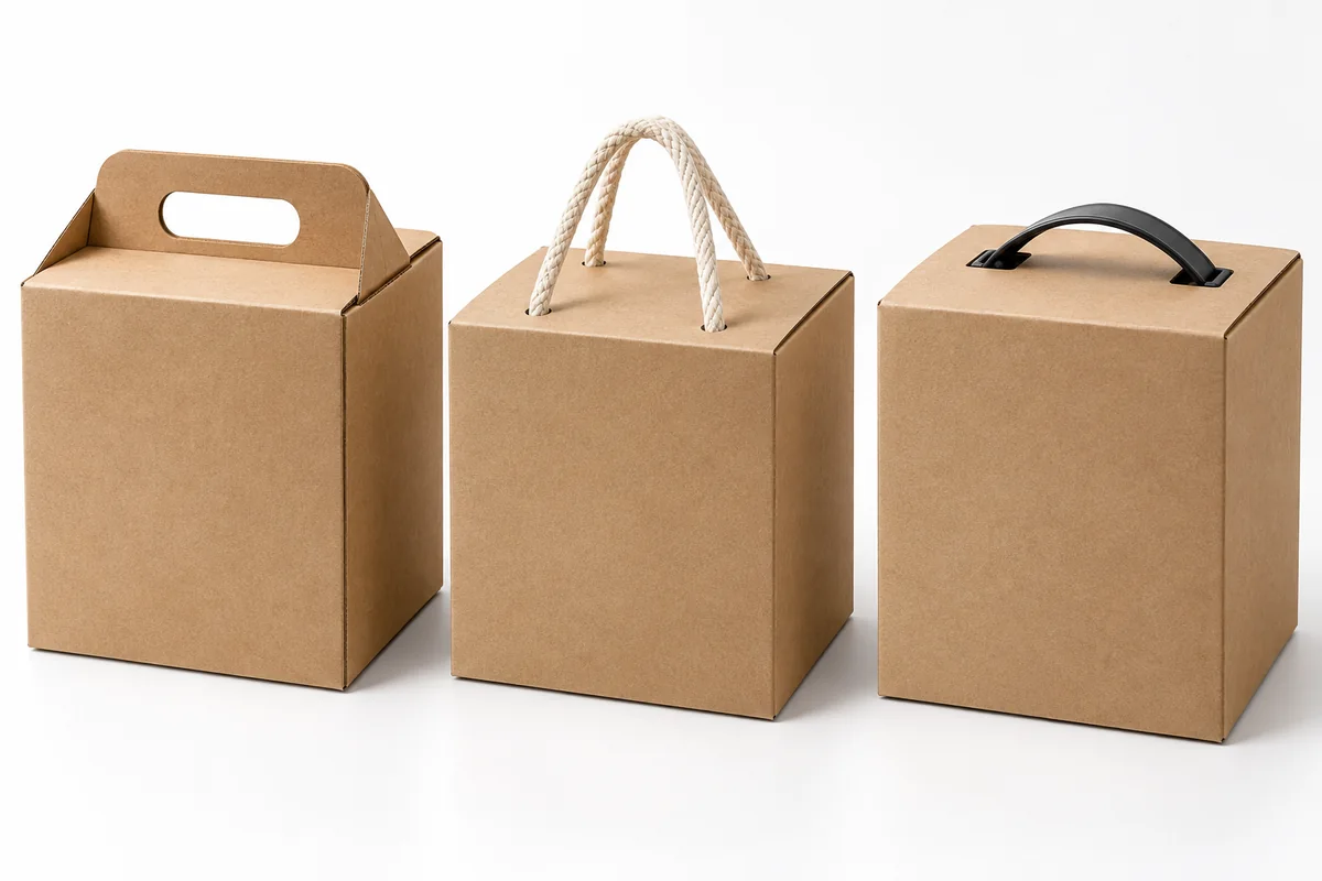 Thùng Carton Có Quai: Kết Cấu, Tải Trọng & Cách Đặt In 2 Các loại quai thường dùng – ảnh chụp sản phẩm minh họa