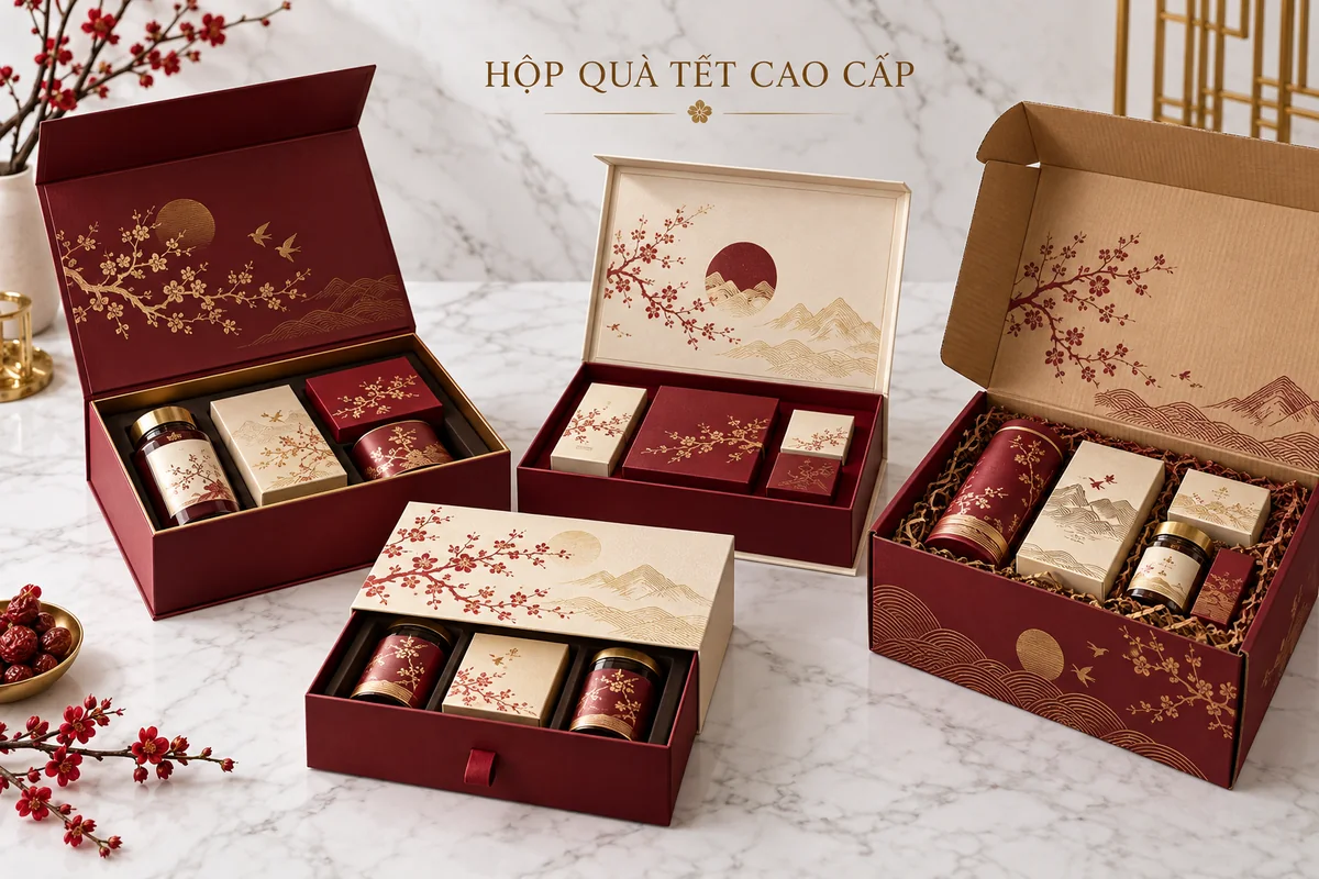 Các kết cấu hộp quà Tết phổ biến – ảnh chụp sản phẩm minh họa