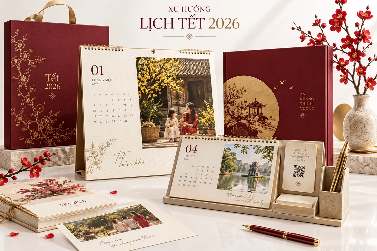 Xu hướng thiết kế lịch Tết 2026 – ảnh chụp sản phẩm minh họa