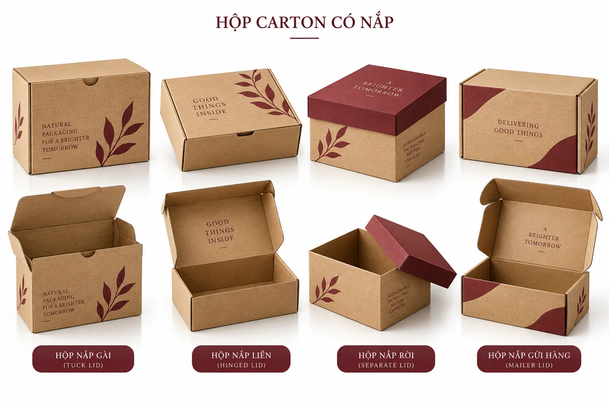 Các kiểu hộp carton có nắp – ảnh chụp sản phẩm minh họa