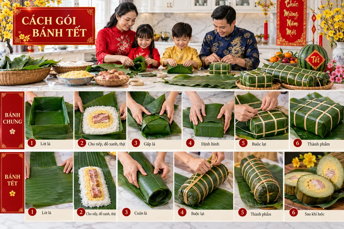 Hướng dẫn cách gói bánh chưng – ảnh chụp sản phẩm minh họa