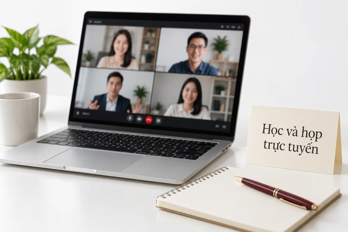 Máy tính hiển thị cuộc họp trực tuyến bên sổ tay và thiệp trên bàn trắng