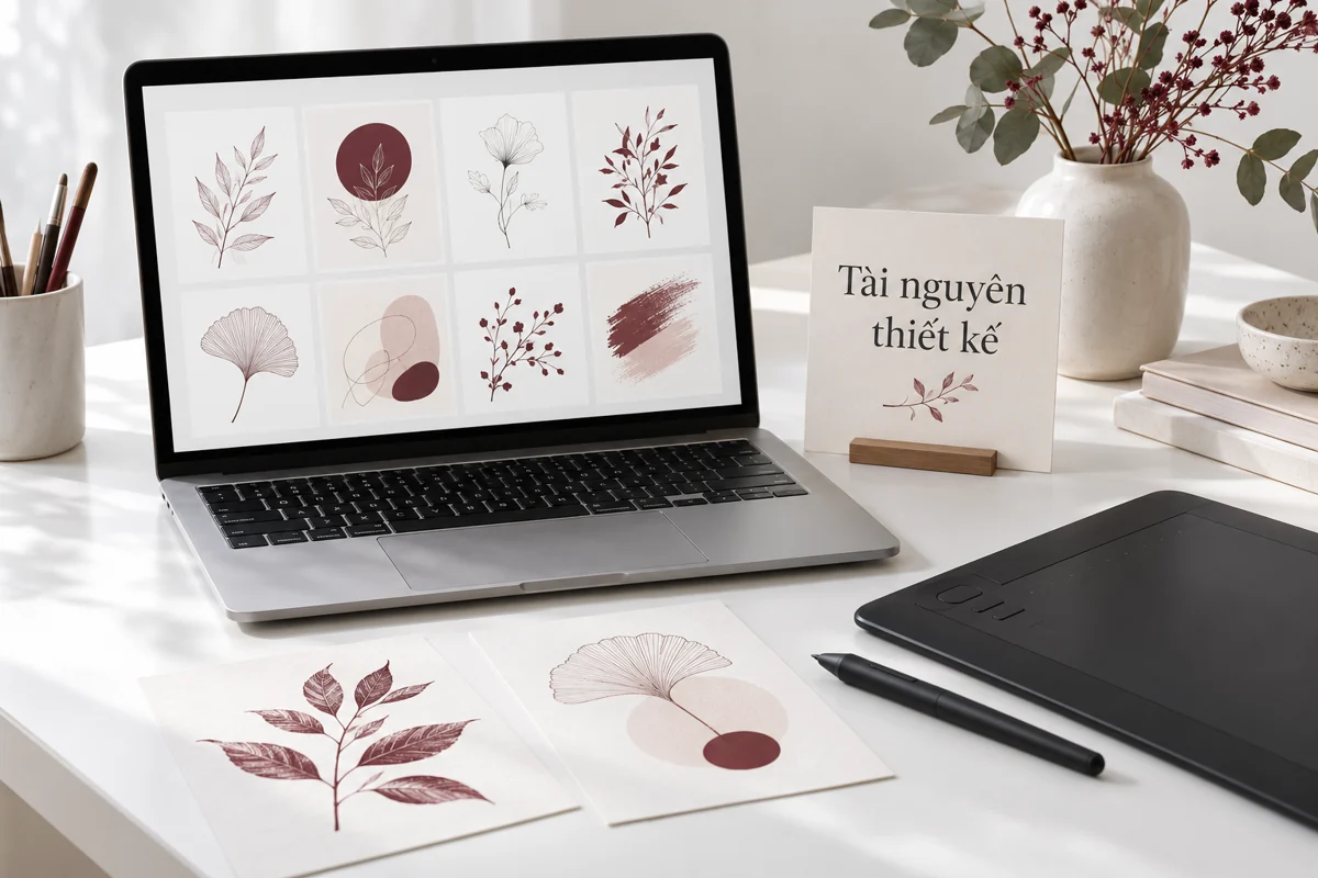 Máy tính hiển thị mẫu đồ họa, bảng vẽ và bản in trên bàn studio trắng