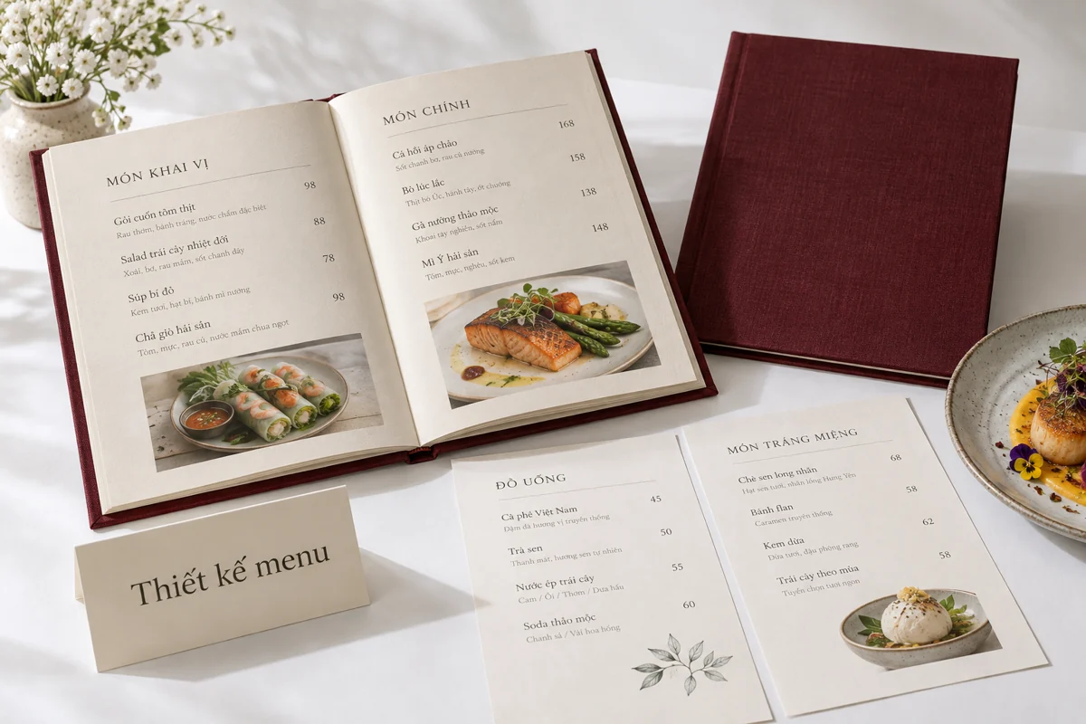 Menu nhà hàng bìa đỏ trầm và trang thực đơn trên nền trắng