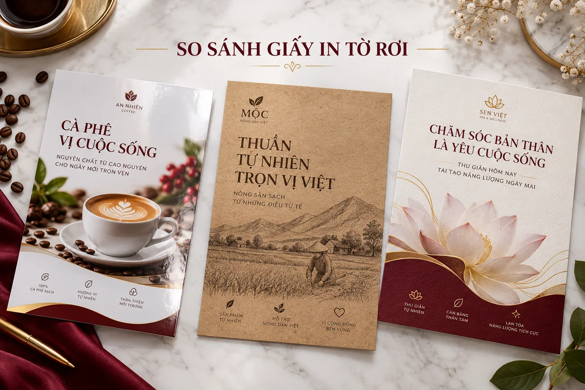 Bảng so sánh chi tiết 3 loại giấy in tờ rơi hàng đầu – ảnh chụp thực tế