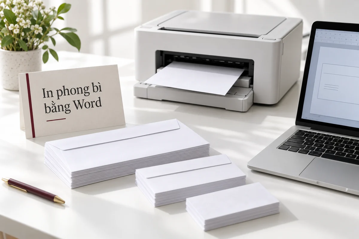Máy in, phong bì trắng và máy tính chuẩn bị bố cục in phong bì bằng Word