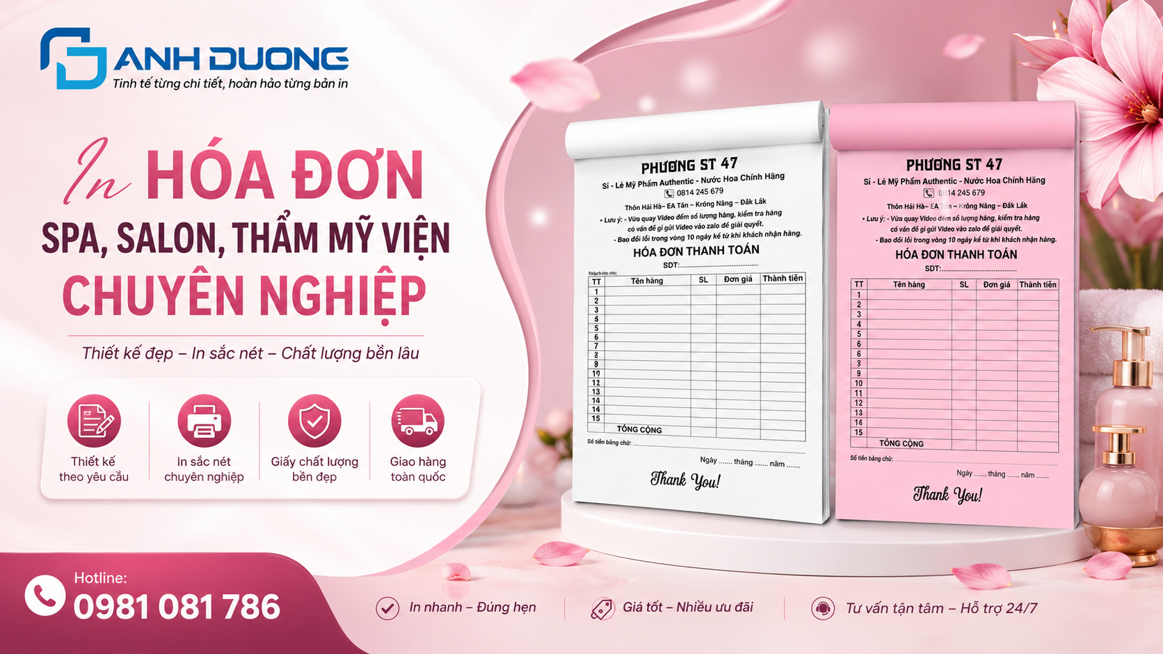 In Hóa Đơn Spa, Salon, Thẩm Mỹ Viện Chuyên Nghiệp