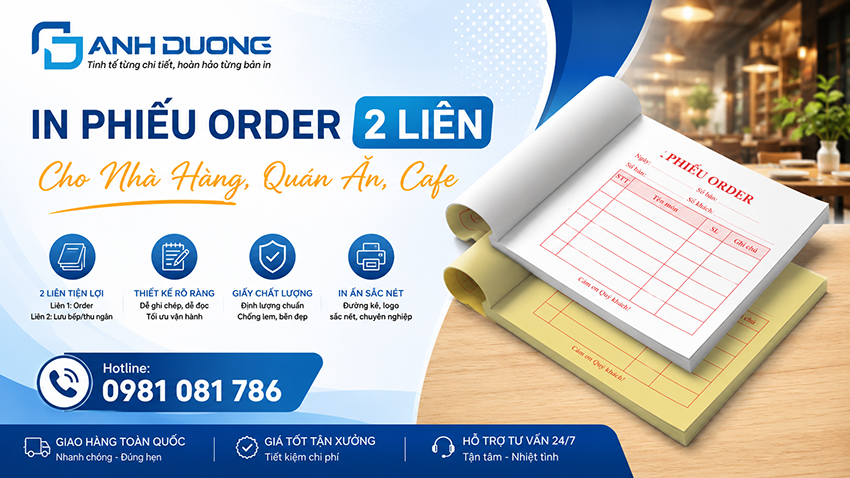 In Phiếu Order 2 Liên Cho Nhà Hàng, Quán Ăn, Cafe