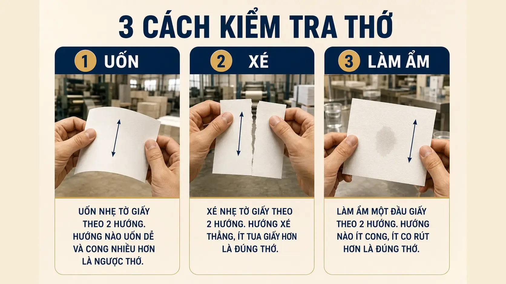 Hướng thớ giấy là gì? Ảnh hưởng đến gấp, cấn và đóng gáy 2 Ba cách kiểm tra hướng thớ giấy bằng uốn xé và làm ẩm