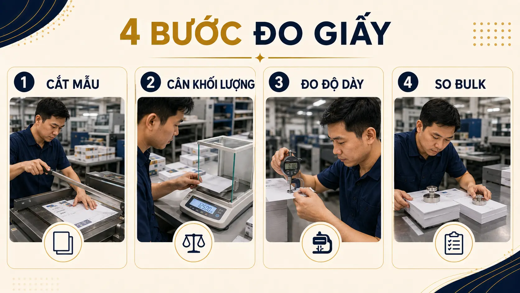 GSM không phải độ dày: Cách chọn giấy theo định lượng, độ dày và độ cứng 3 Quy trình datasheet đo caliper làm dummy và nghiệm thu giấy