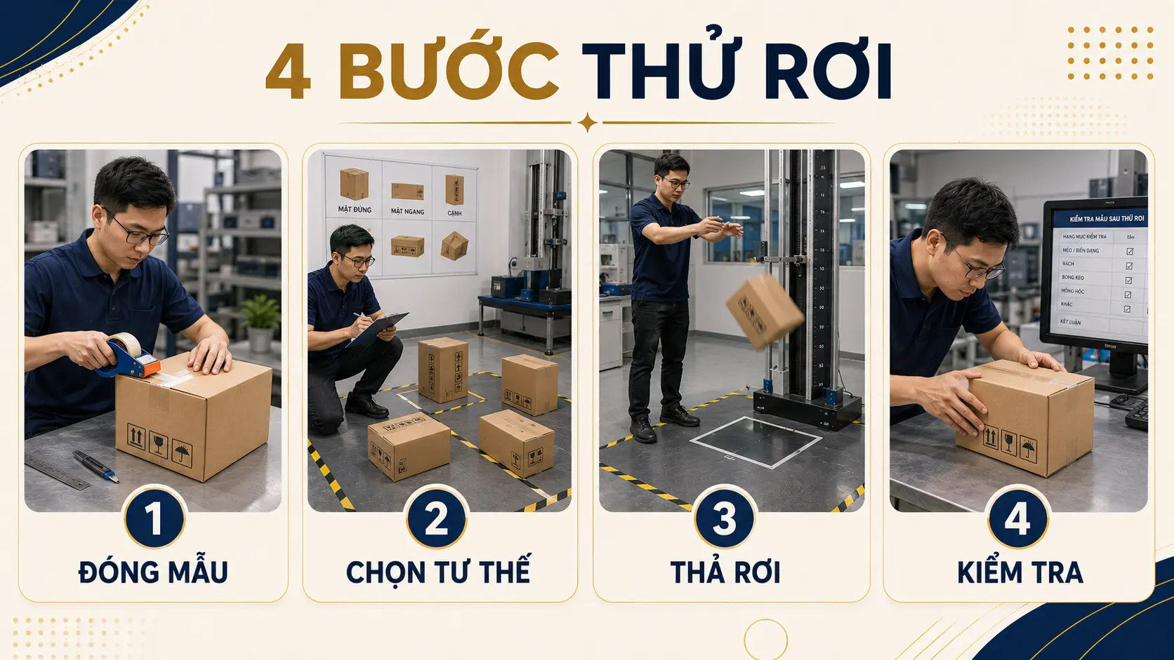 Drop Test bao bì là gì? Checklist thử rơi trước sản xuất hàng loạt 2 Chuẩn bị mẫu conditioning và tiêu chí trước drop test