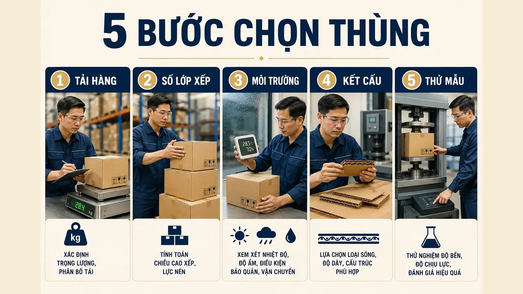 ECT và BCT là gì? Cách chọn thùng carton theo tải và xếp chồng 3 Quy trình năm bước chọn thùng carton theo tải và xếp chồng