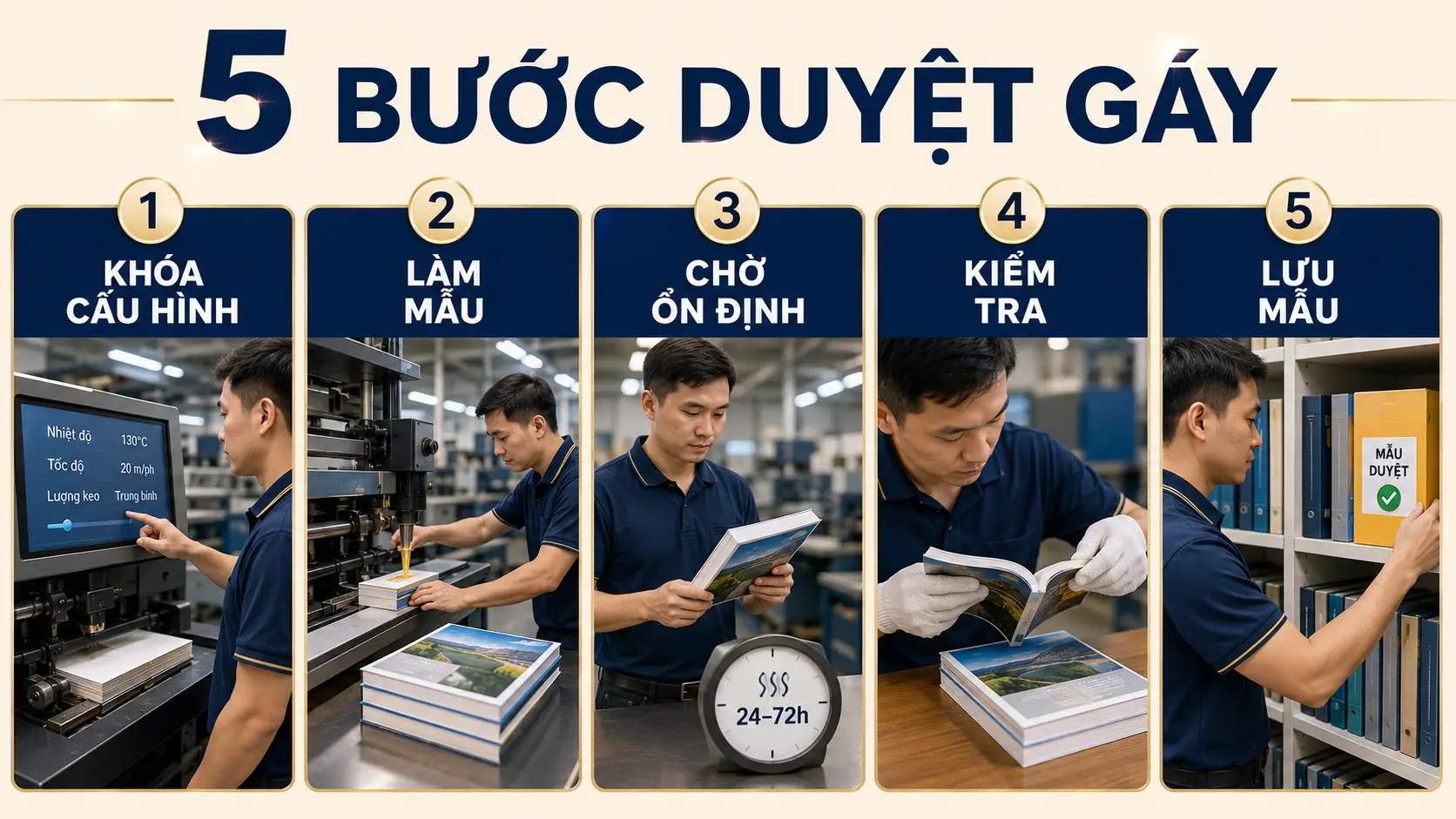 Keo PUR và EVA khác nhau thế nào? Chọn gáy sách bền và mở đẹp 3 Quy trình năm bước duyệt mẫu gáy sách đóng keo