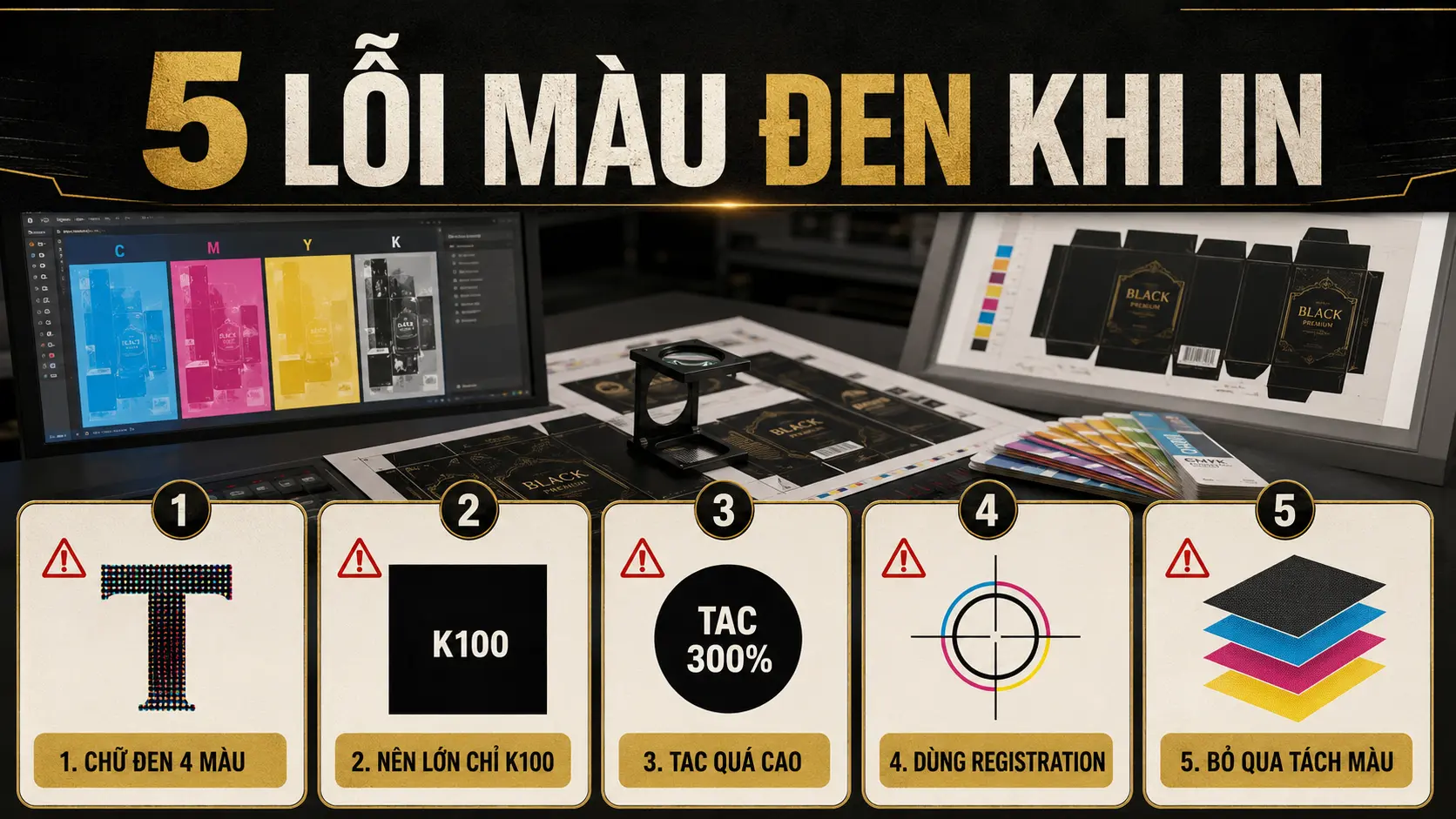 Rich Black và K100 khác nhau thế nào? Công thức dùng cho chữ và nền 3 Các bước kiểm tra K100 Rich Black TAC và overprint trước khi in