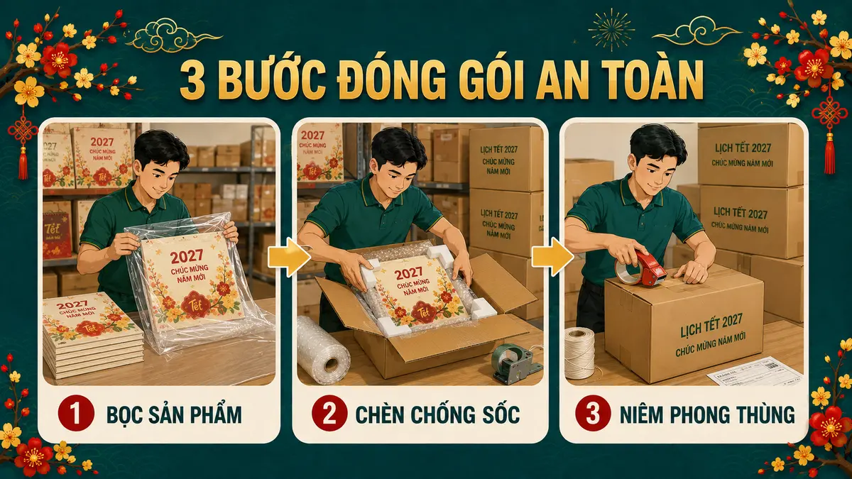 Đóng Gói Lịch Tết Gửi Đi Tỉnh: Chống Móp, Cong Đế, Bung Gáy Và Ẩm Giấy 2 Đóng gói lịch Tết vận chuyển chống móp cong - checklist và lưu ý