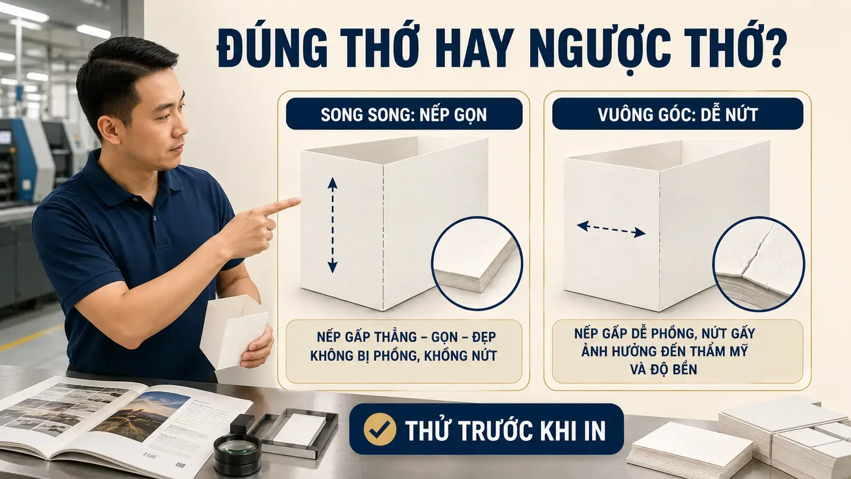 Hướng thớ giấy là gì? Ảnh hưởng đến gấp, cấn và đóng gáy 1 So sánh thớ giấy song song và vuông góc với đường gấp